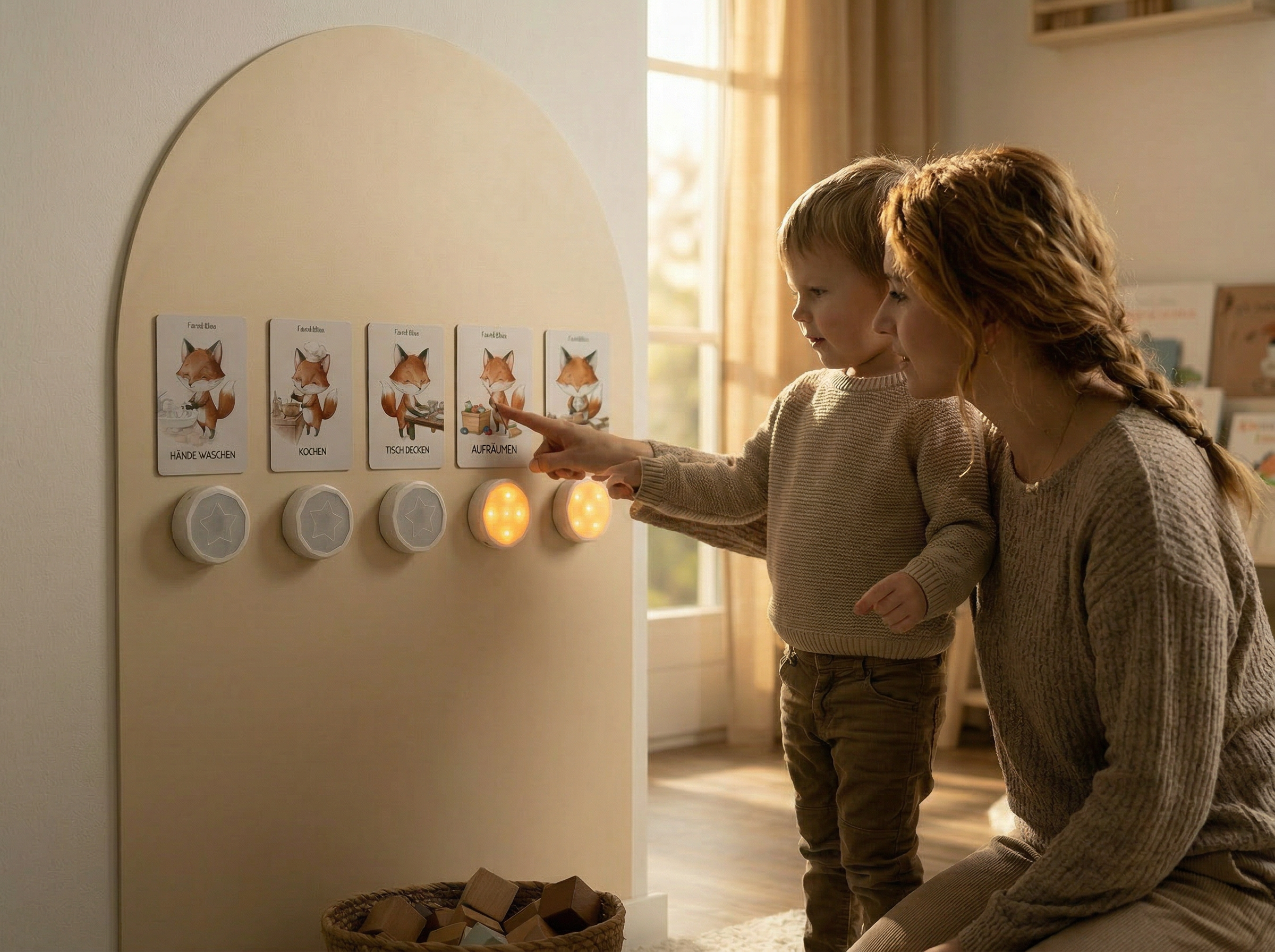 Eltern-Kind Moment beim Routine planen mit FamBliss Produkten